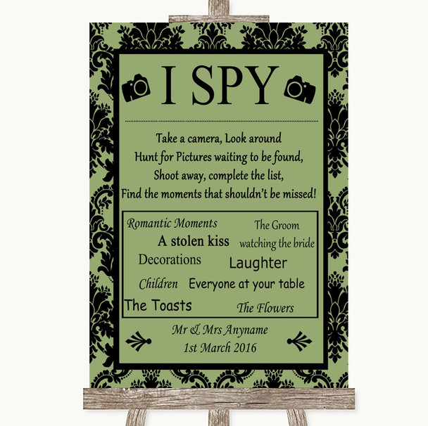 Sage Green Damask I Spy Disposable Camera Customised Wedding Sign