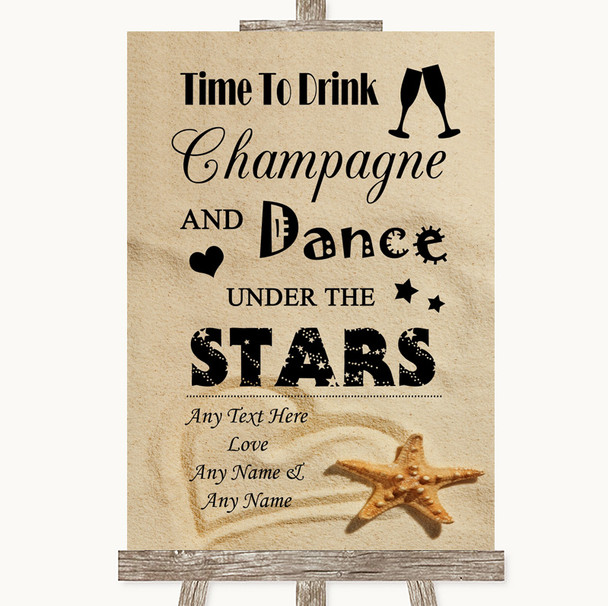 Sandy Beach Drink Champagne Dance Stars Customised Wedding Sign