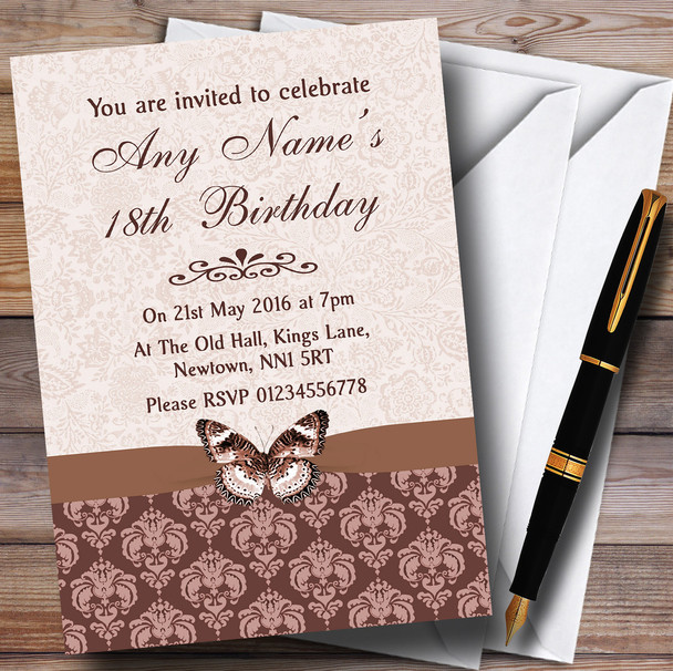 Brown Fawn Beige Vintage Floral Damask Butterfly Customised Birthday Party Invitations