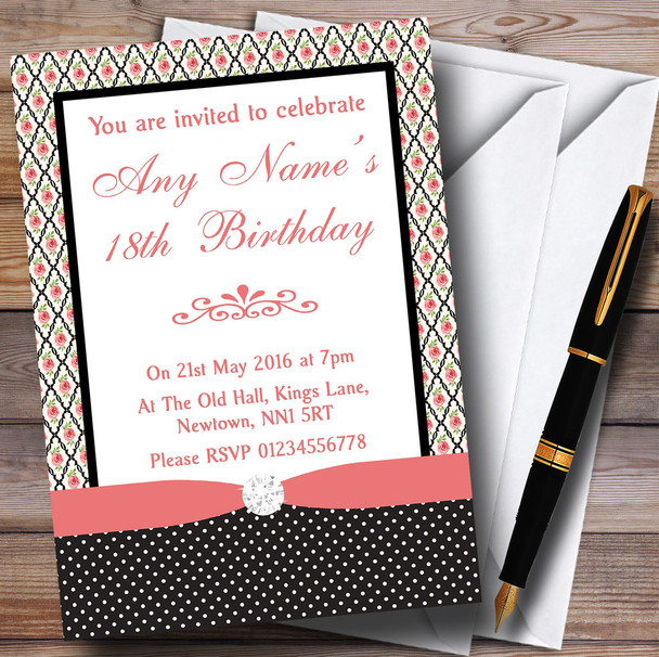 Coral Pink Rose Shabby Chic Black Polkadot Customised Birthday Party Invitations