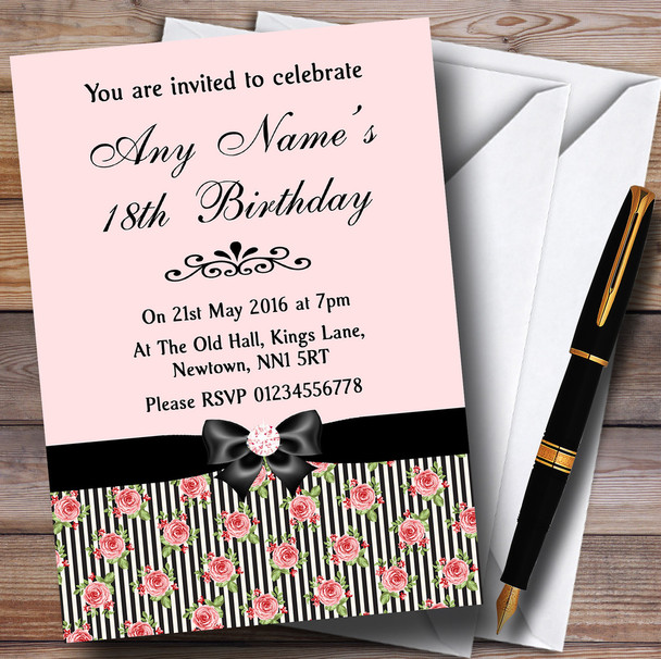 Coral Pink Rose Shabby Chic Black Stripes Customised Birthday Party Invitations