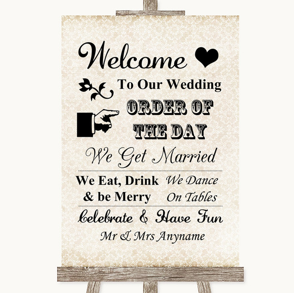 Shabby Chic Ivory Welcome Order Of The Day Customised Wedding Sign