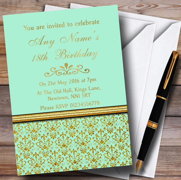 Mint Green & Gold Vintage Damask Customised Birthday Party Invitations