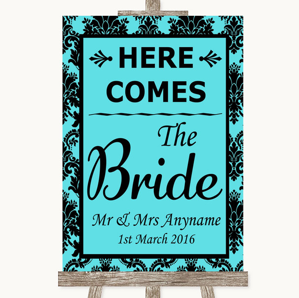 Tiffany Blue Damask Here Comes Bride Aisle Sign Customised Wedding Sign