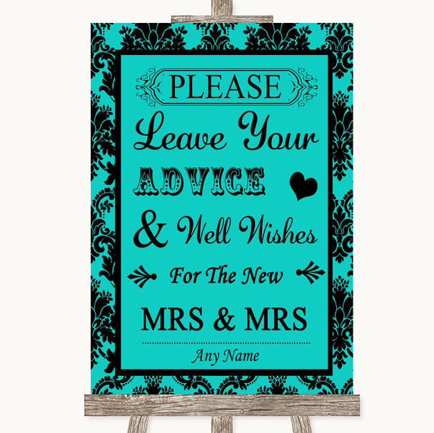 Turquoise Damask Guestbook Advice & Wishes Lesbian Customised Wedding Sign