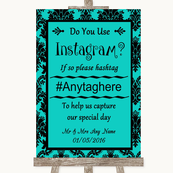 Turquoise Damask Instagram Photo Sharing Customised Wedding Sign