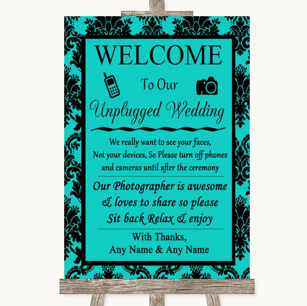 Turquoise Damask No Phone Camera Unplugged Customised Wedding Sign