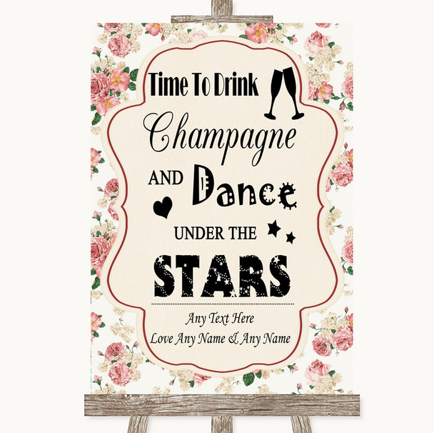 Vintage Roses Drink Champagne Dance Stars Customised Wedding Sign