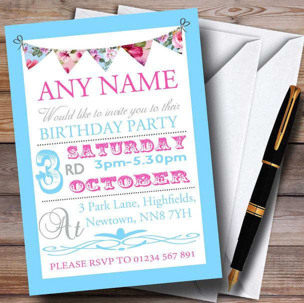 Blue And Pink Vintage Bunting Shabby Chic Tea Garden Birthday Party Customised Invitations