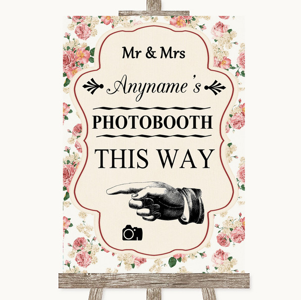 Vintage Roses Photobooth This Way Left Customised Wedding Sign