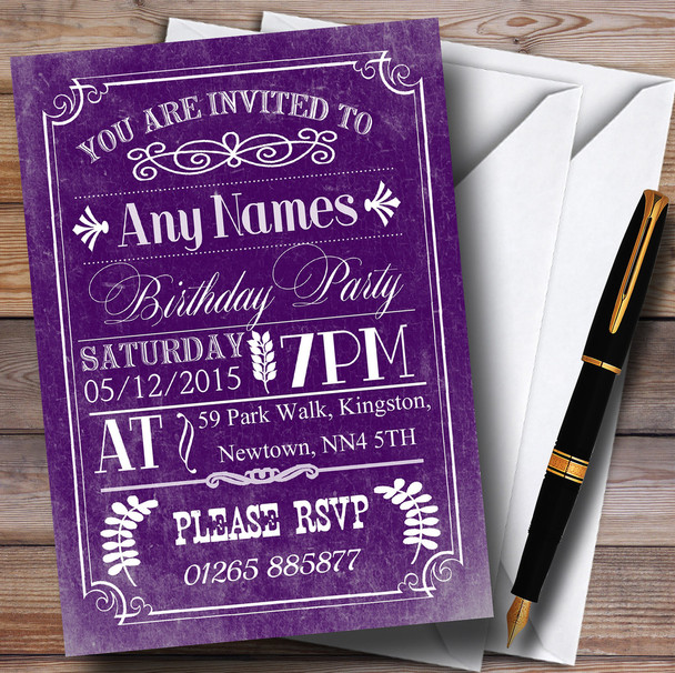 Vintage Retro Purple Customised Birthday Party Invitations