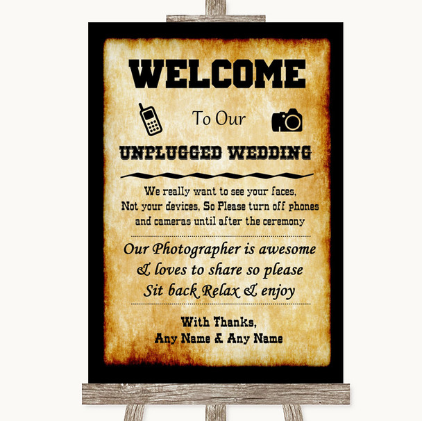 Western No Phone Camera Unplugged Customised Wedding Sign