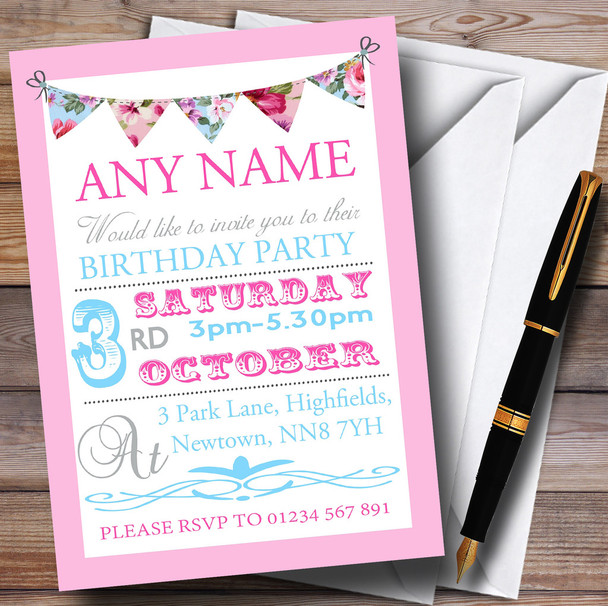 Pink Blue Vintage Bunting Shabby Chic Tea Garden Birthday Party Customised Invitations