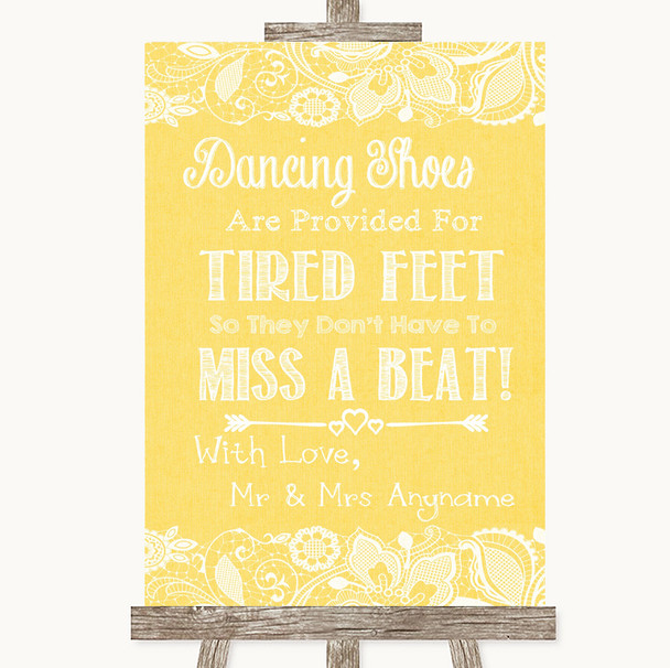 Yellow Burlap & Lace Dancing Shoes Flip-Flop Tired Feet Wedding Sign