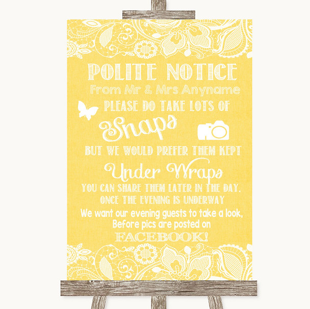 Yellow Burlap & Lace Don't Post Photos Facebook Customised Wedding Sign