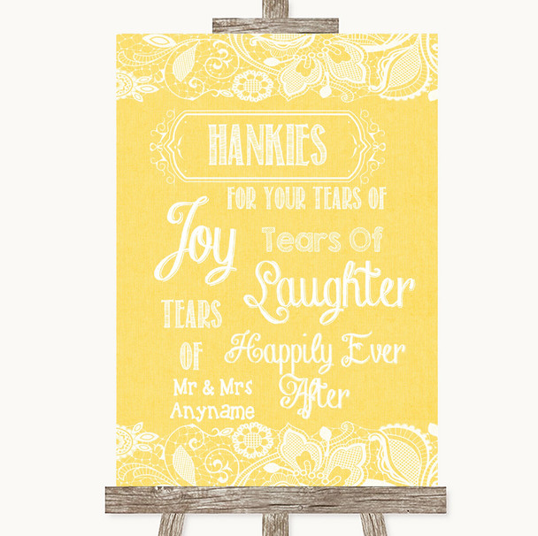 Yellow Burlap & Lace Hankies And Tissues Customised Wedding Sign