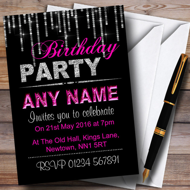 Silver And Hot Pink Glitz Birthday Party Customised Invitations