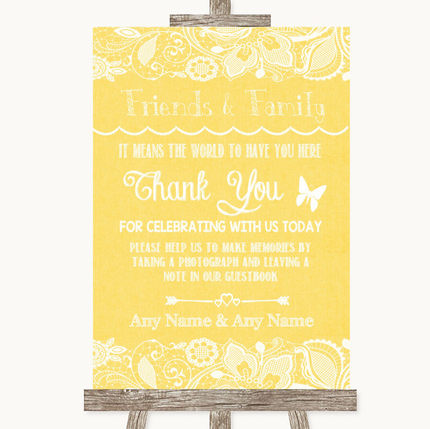 Yellow Burlap & Lace Photo Guestbook Friends & Family Customised Wedding Sign