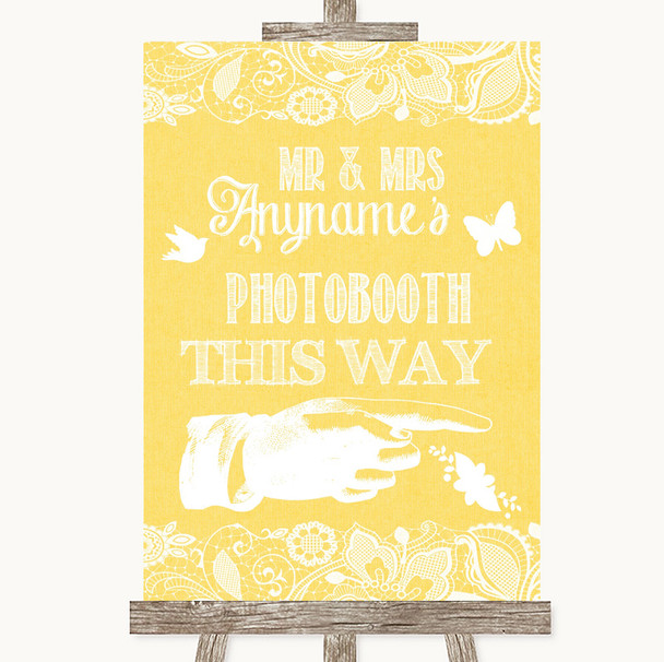 Yellow Burlap & Lace Photobooth This Way Right Customised Wedding Sign