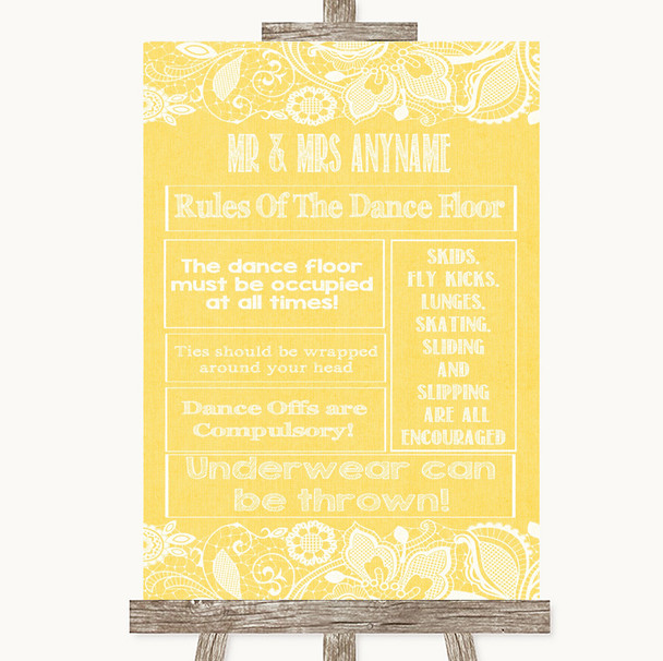 Yellow Burlap & Lace Rules Of The Dance Floor Customised Wedding Sign