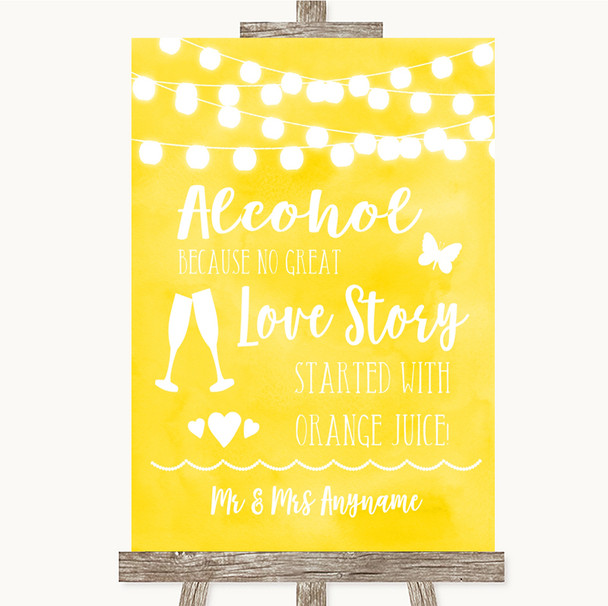 Yellow Watercolour Lights Alcohol Bar Love Story Customised Wedding Sign