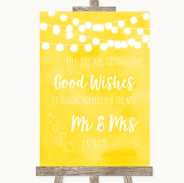 Yellow Watercolour Lights Blow Bubbles Customised Wedding Sign