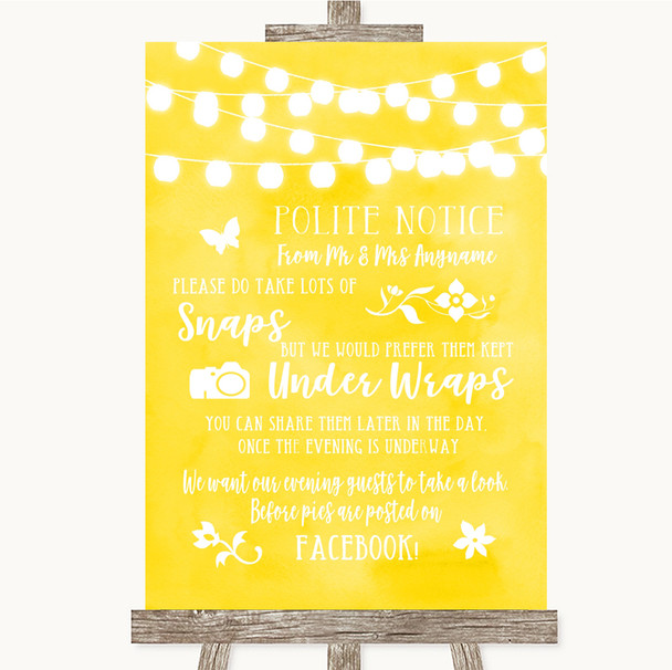 Yellow Watercolour Lights Don't Post Photos Facebook Customised Wedding Sign