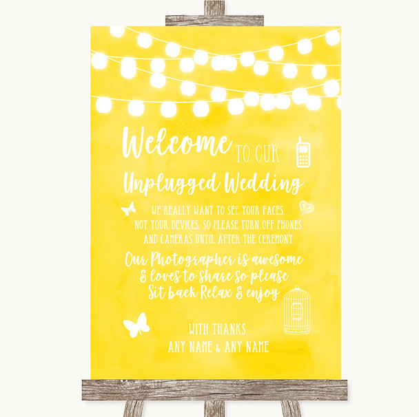 Yellow Watercolour Lights No Phone Camera Unplugged Customised Wedding Sign