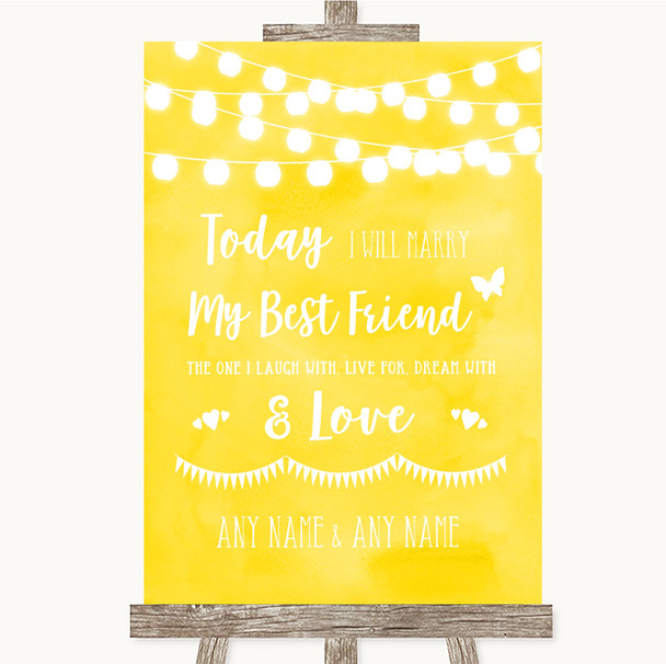 Yellow Watercolour Lights Today I Marry My Best Friend Customised Wedding Sign