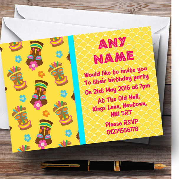 Yellow Tiki Hawaiian Tropical Luau Customised Birthday Party Invitations