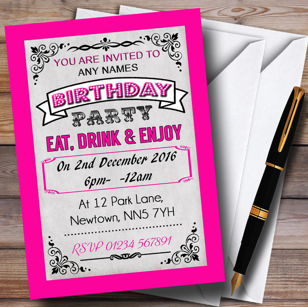 Hot Pink Vintage Carnival Customised Birthday Party Invitations