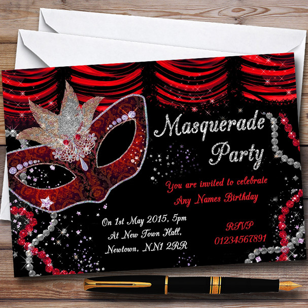 Red & Black Mask Masquerade Ball Customised Party Invitations