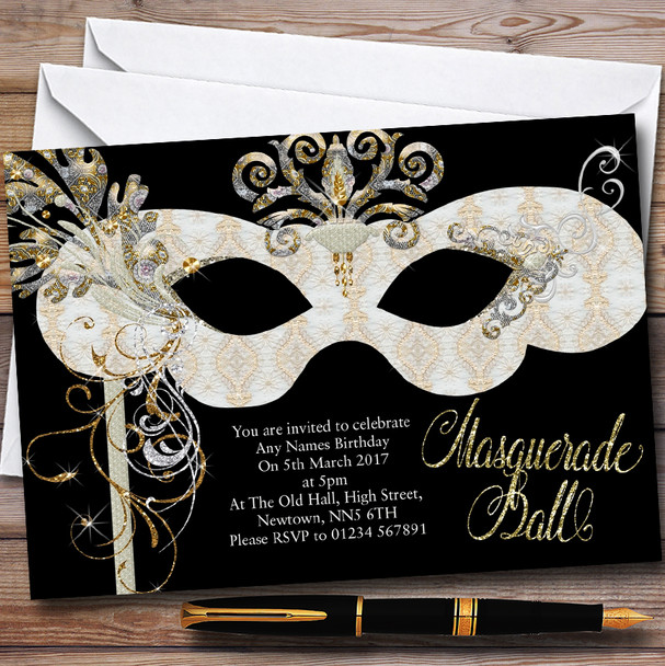 White & Gold Masquerade Ball Customised Party Invitations