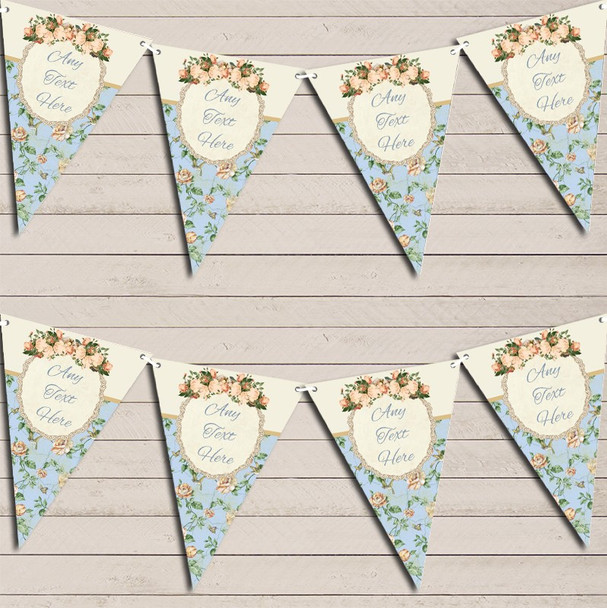 Shabby Chic Floral Vintage Rose Frame Ivory Blue Birthday Bunting