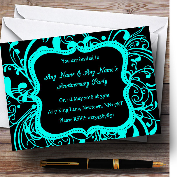 Black & Aqua Swirl Deco Customised Anniversary Party Invitations