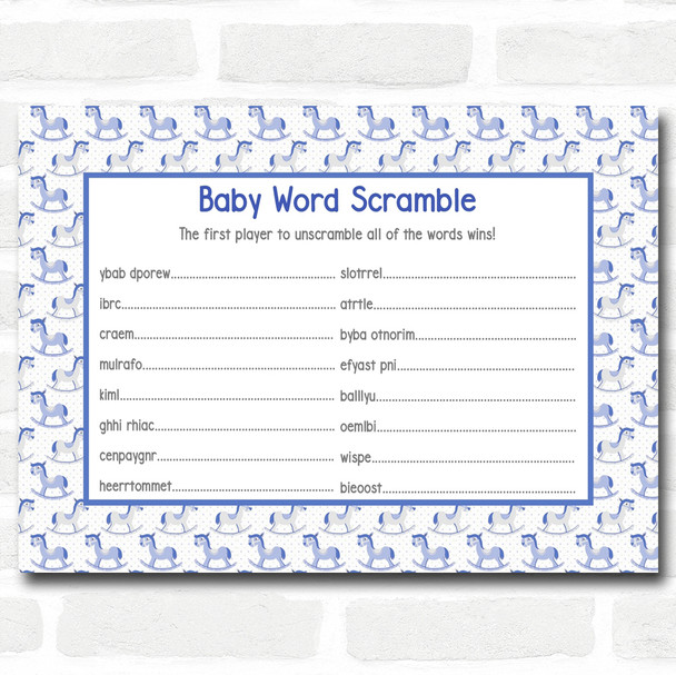 Boys Blue Rocking Horse Baby Shower Games Word Scramble Cards