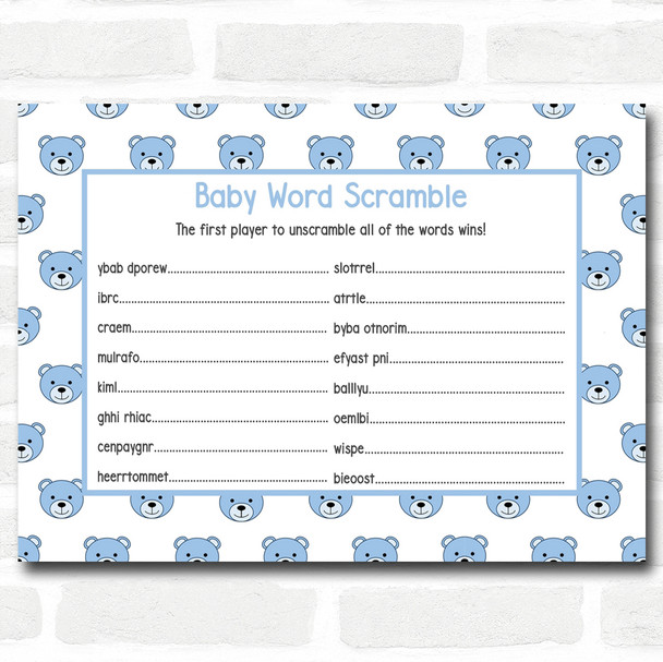 Boys Blue Teddys Baby Shower Games Word Scramble Cards