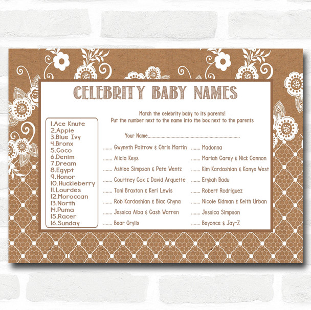 Burlap & Lace Baby Shower Games Celebrity Baby Name Cards