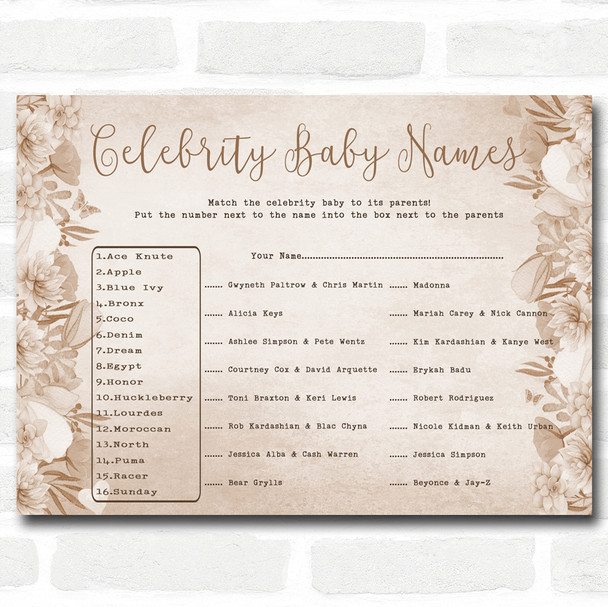 Floral Baby Shower Games Celebrity Baby Name Cards