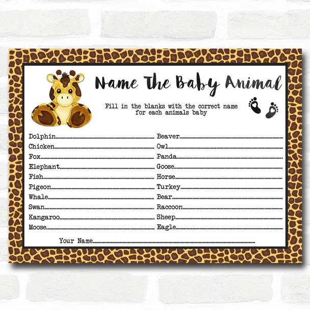 Giraffe Animal Print Baby Shower Games Baby Animal Cards
