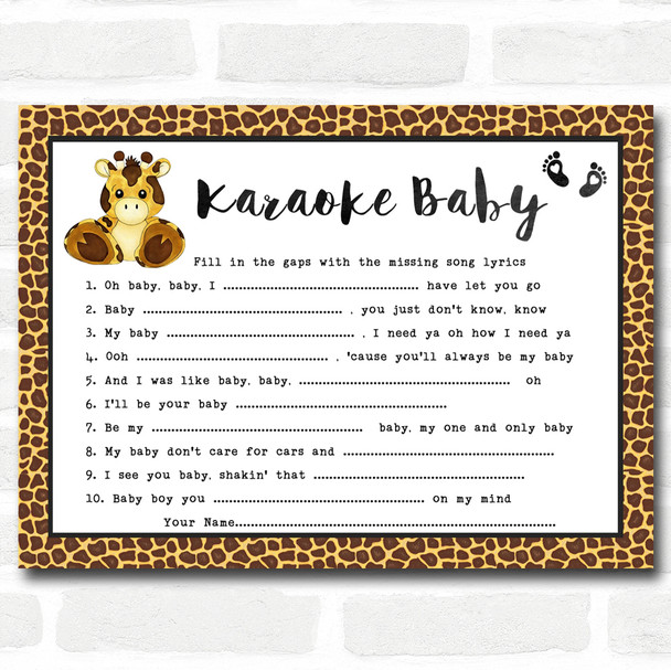 Giraffe Animal Print Baby Shower Games Song Lyric Karaoke Cards