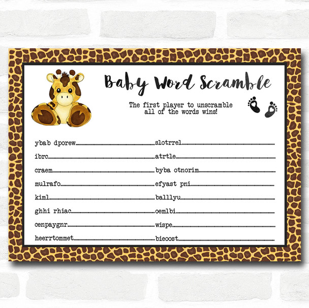 Giraffe Animal Print Baby Shower Games Word Scramble Cards