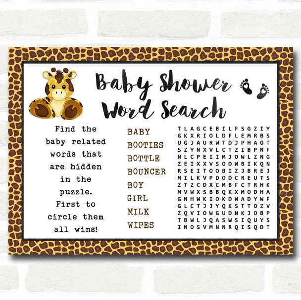 Giraffe Animal Print Baby Shower Games Word Search Cards