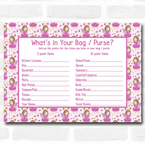 Girl Fairy Baby Shower Games Whats in Your Bag Purse Cards