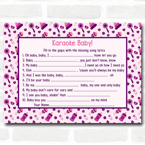 Girls Pink & Purple Baby Shower Games Song Lyric Karaoke Cards