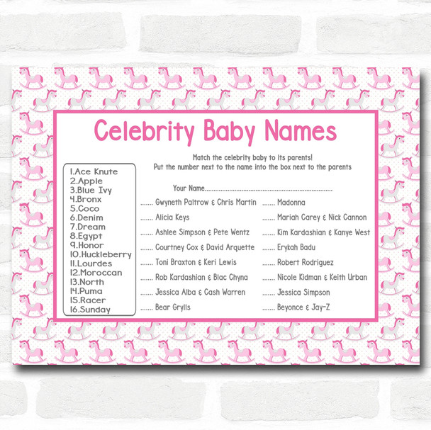 Girls Pink Rocking Horse Baby Shower Games Celebrity Baby Name Cards