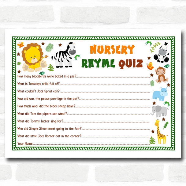 Jungle Baby Shower Games Nursery Rhyme Quiz Cards
