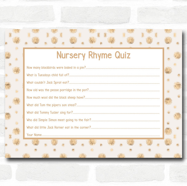 Neutral Gold Spots Baby Shower Games Nursery Rhyme Quiz Cards