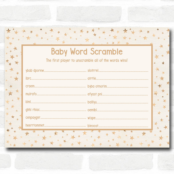 Neutral Gold Stars Baby Shower Games Word Scramble Cards