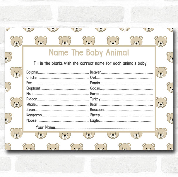 Neutral Teddys Baby Shower Games Baby Animal Cards